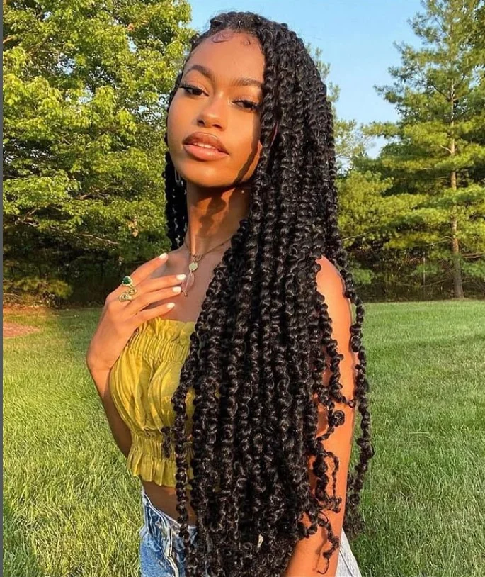Long layered crochet twist braids with soft volume.