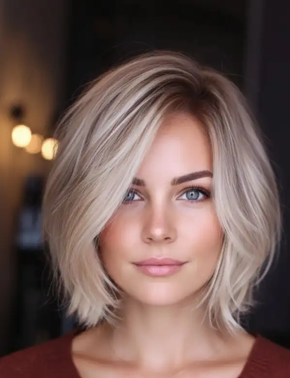 Layered medium bob hairstyle with side swept bangs soft volume and face-framing layers