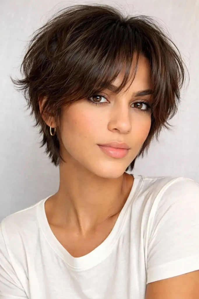 Layered pixie haircut with wispy bangs short hair look