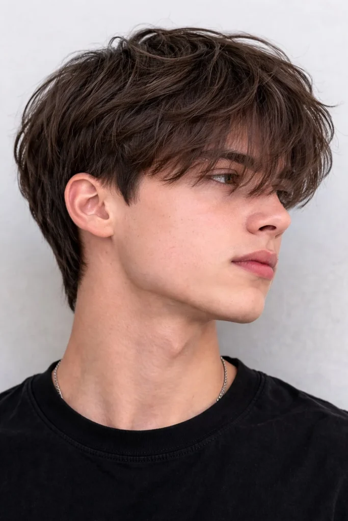 Layered straight haircut with long bangs for men