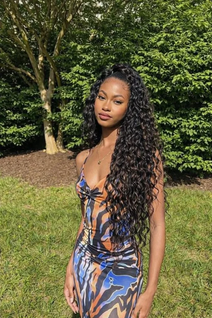 Long beach wave wavy crochet braids hairstyle with soft flowing texture.