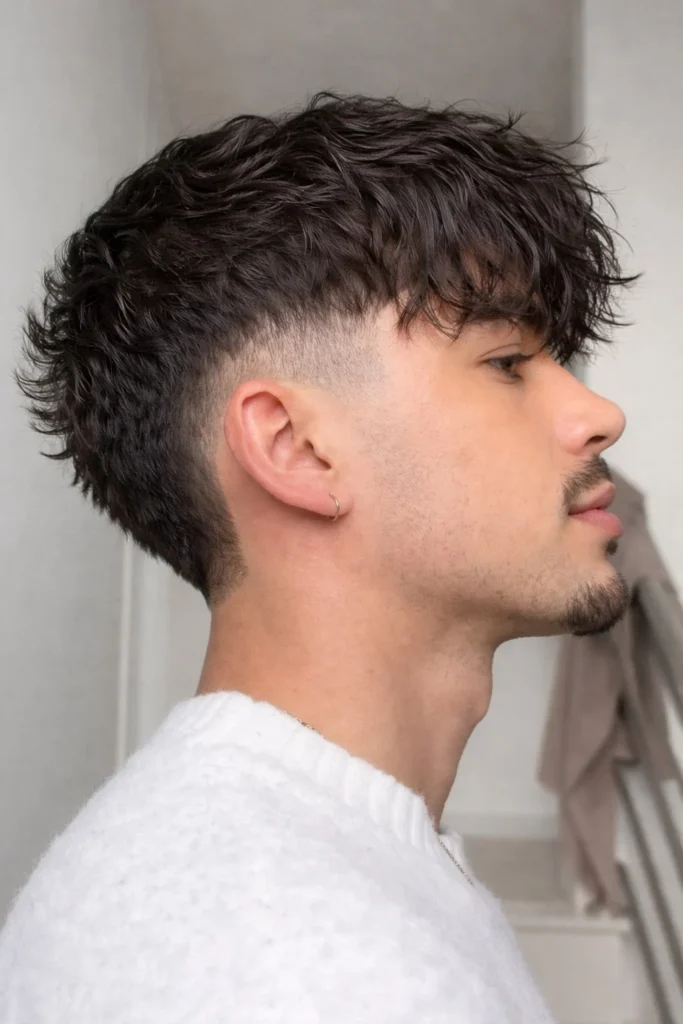 Low fade haircut with textured bangs for men