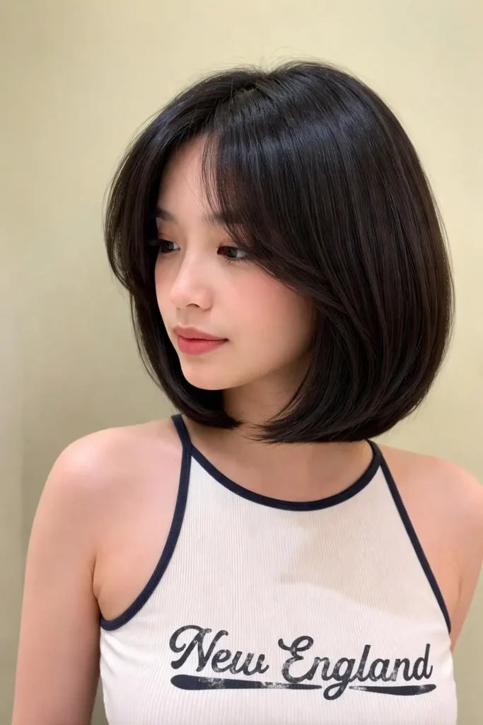 Medium bob hairstyle with side swept bangs for round face face framing
