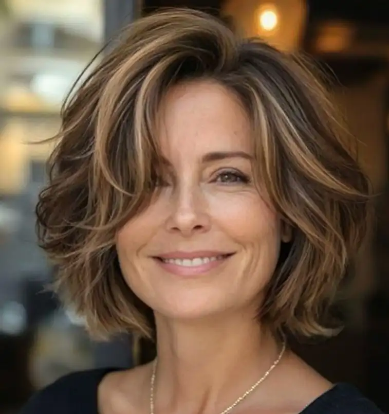 Messy medium bob hairstyle with side swept bangs casual tousled textured hair look