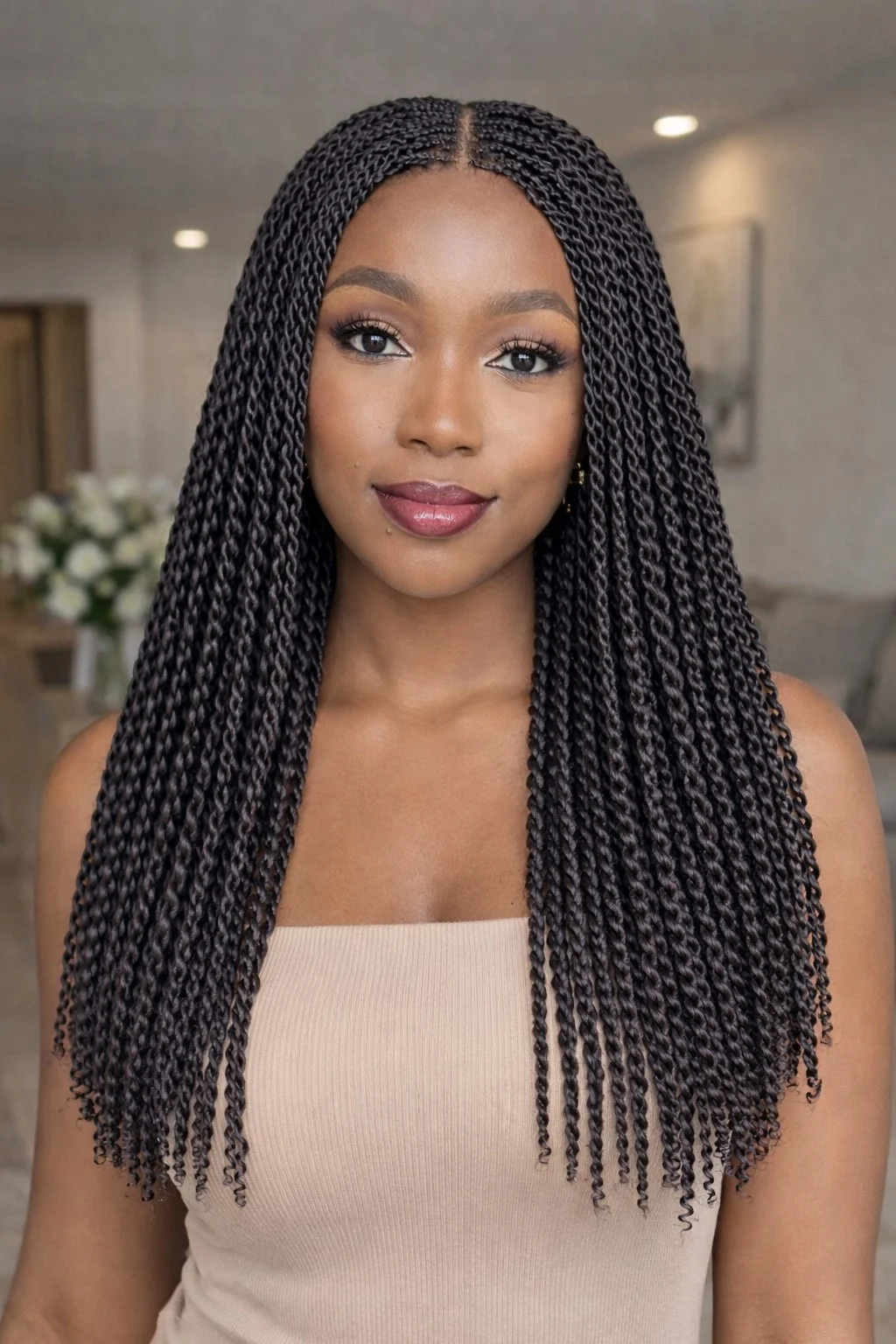Middle-part crochet twist braids with balanced styling.