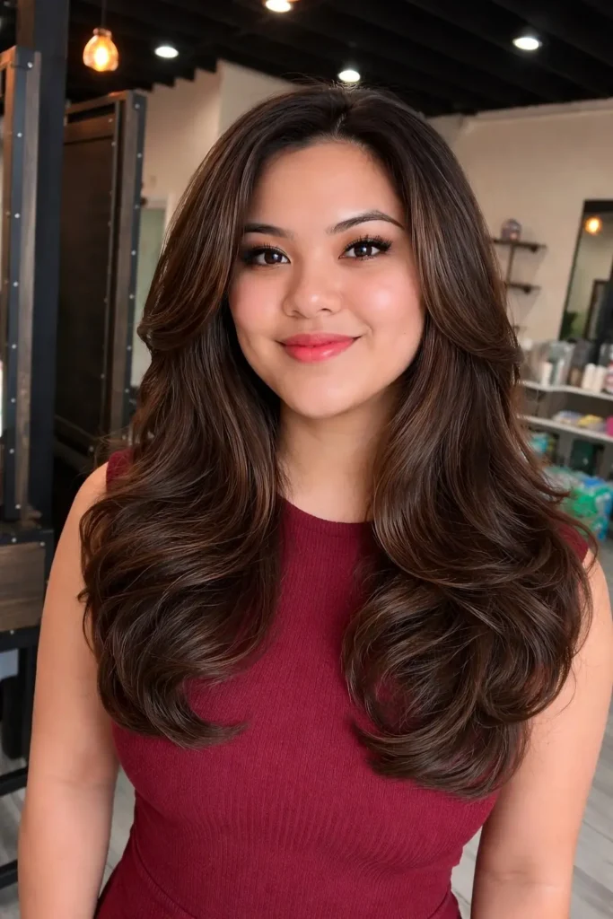 Modern layered hairstyle with side bangs for round face trendy look