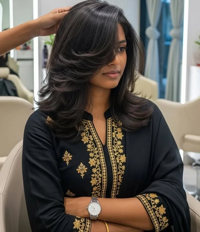 Modern shoulder length layered hairstyle with side bangs trendy style