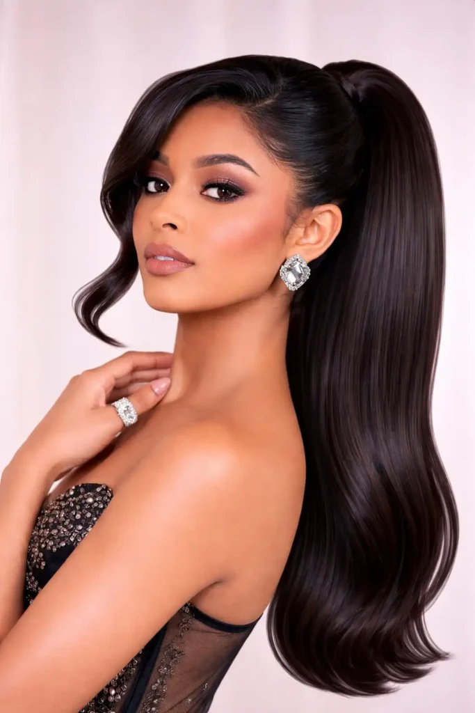 Black hairstyle modern sleek ponytail with side bangs trendy finish