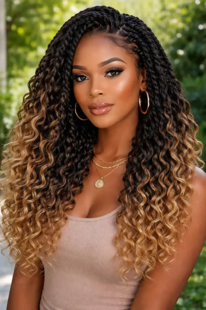 Ombre wavy crochet braids with dark roots and light ends.