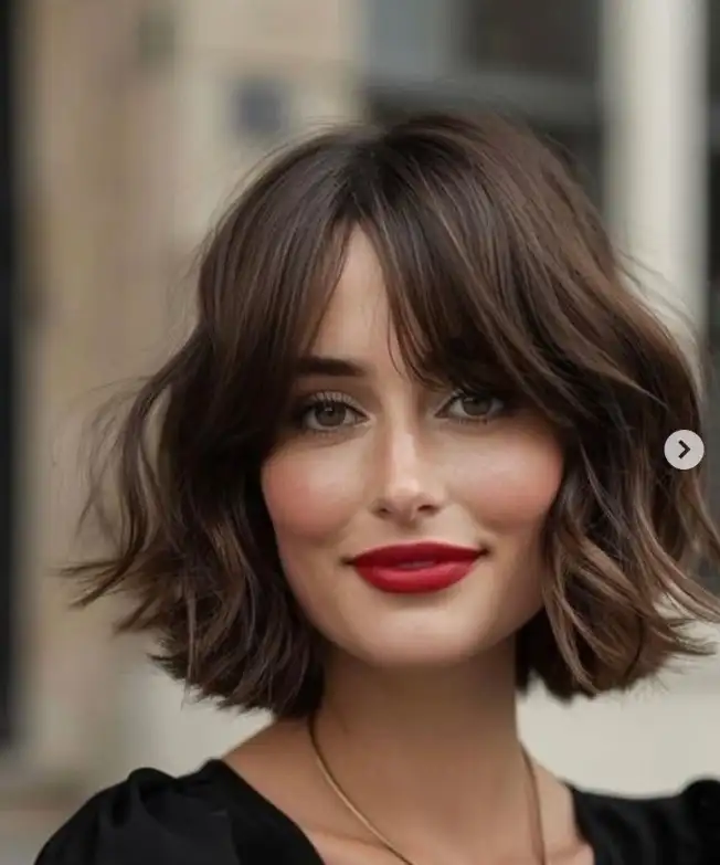 Shaggy medium bob hairstyle with side swept bangs textured layers and messy volume