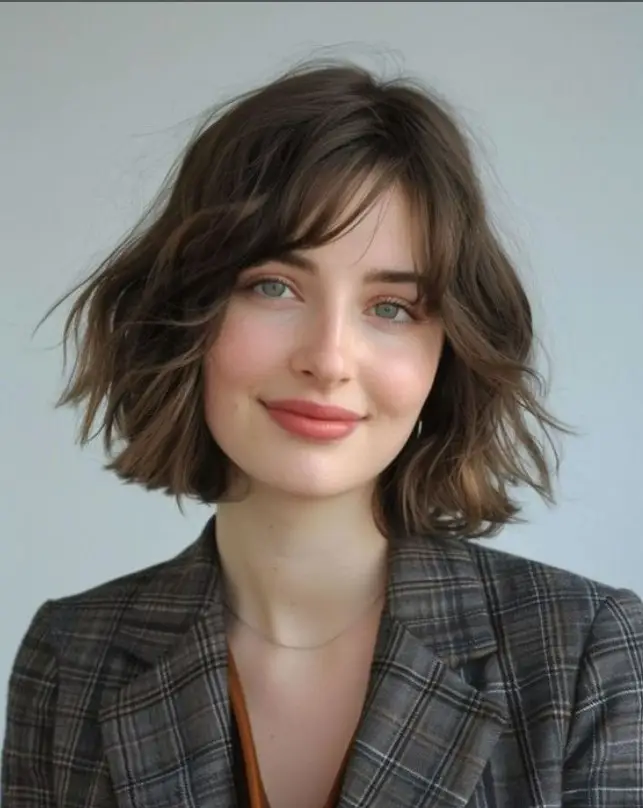 Shaggy layered hairstyle with side bangs for round face textured look