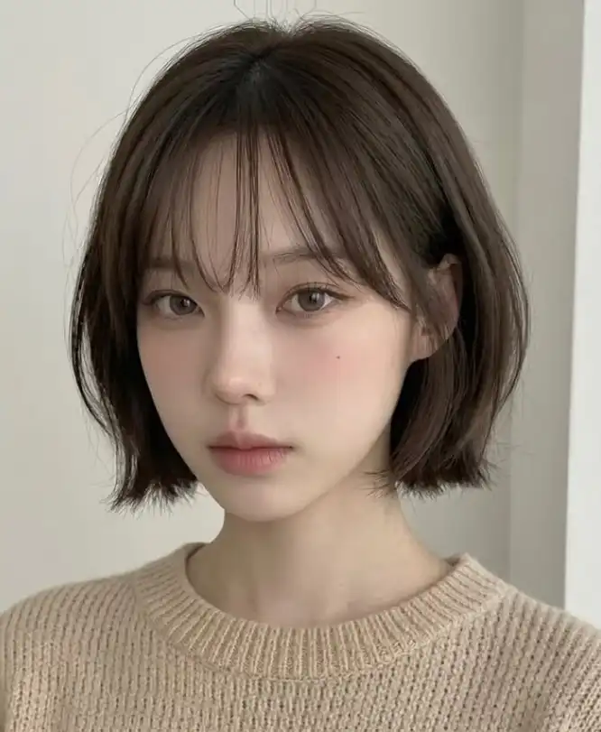 Short layered bob with light wispy bangs volume