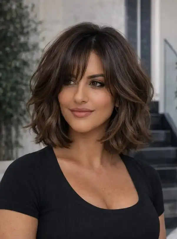 Shoulder length layered hair with airy fringe soft look