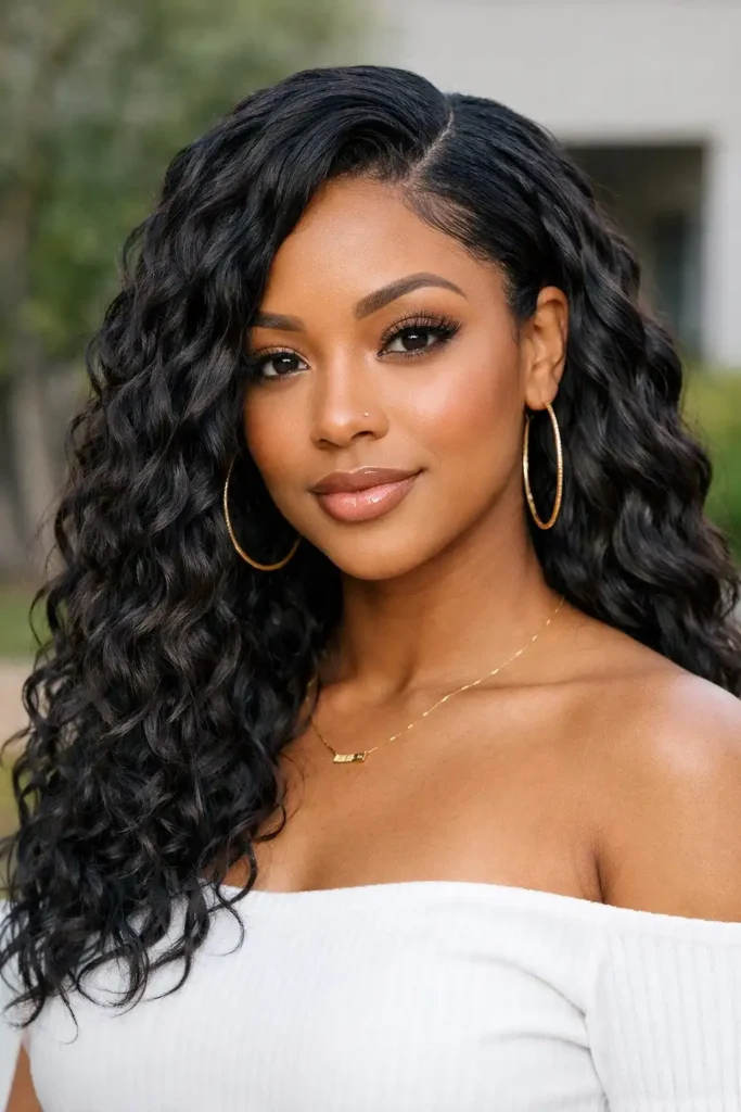 Side-part wavy crochet braids framing the face.