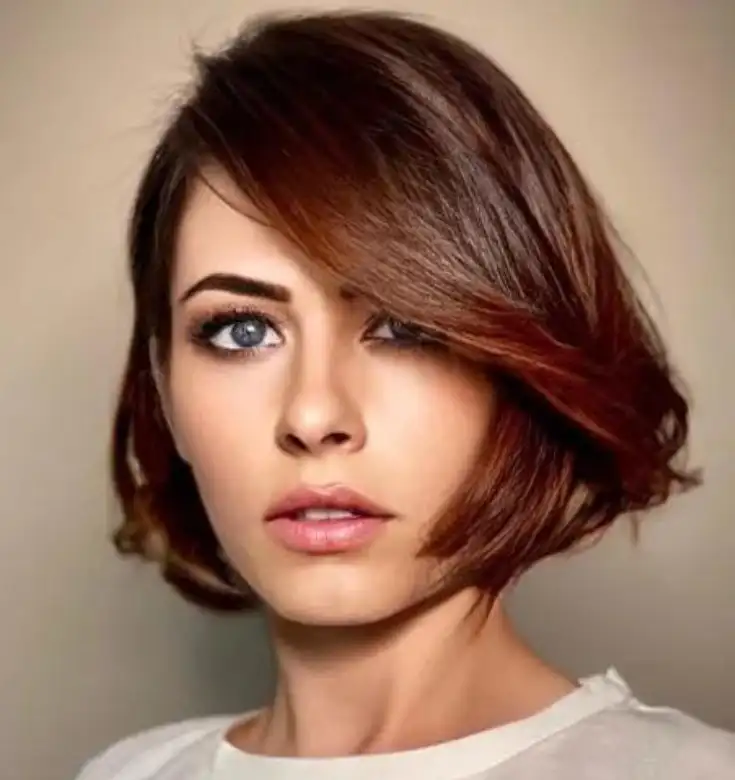 Side parted medium bob hairstyle with side swept bangs elegant smooth hair finish