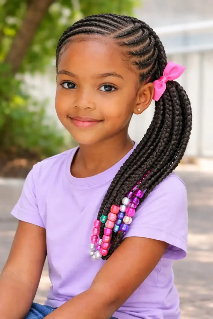 Side-swept braided ponytail for little girl