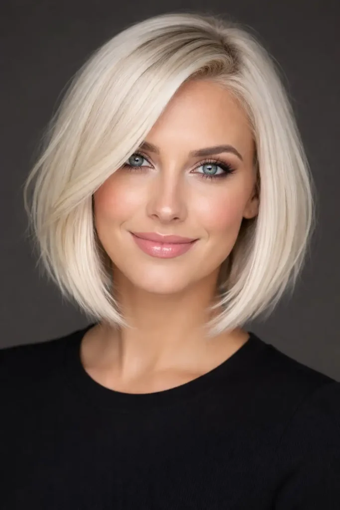 Sleek straight medium bob hairstyle with side swept bangs polished smooth hair look