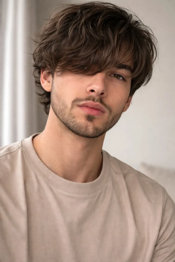 Soft side fringe hairstyle with medium hair for men