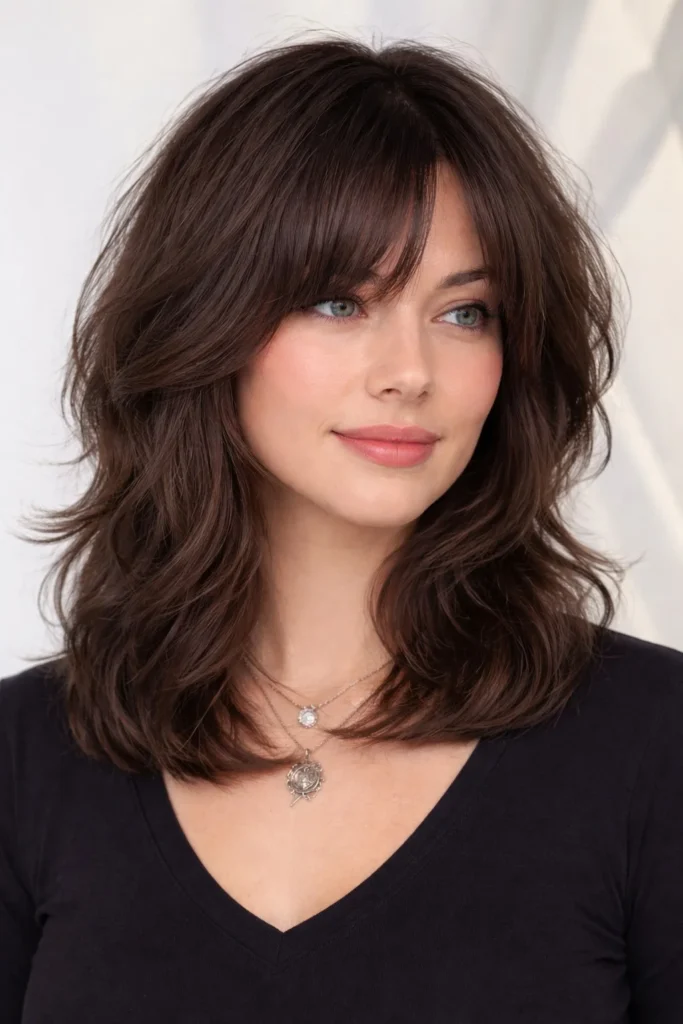 Soft wavy shoulder length layered hairstyle with side bangs romantic look