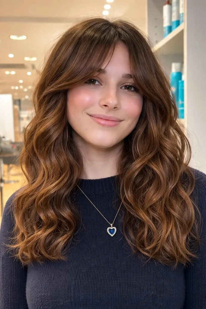 Soft wavy hairstyle with side swept bangs for round face romantic style