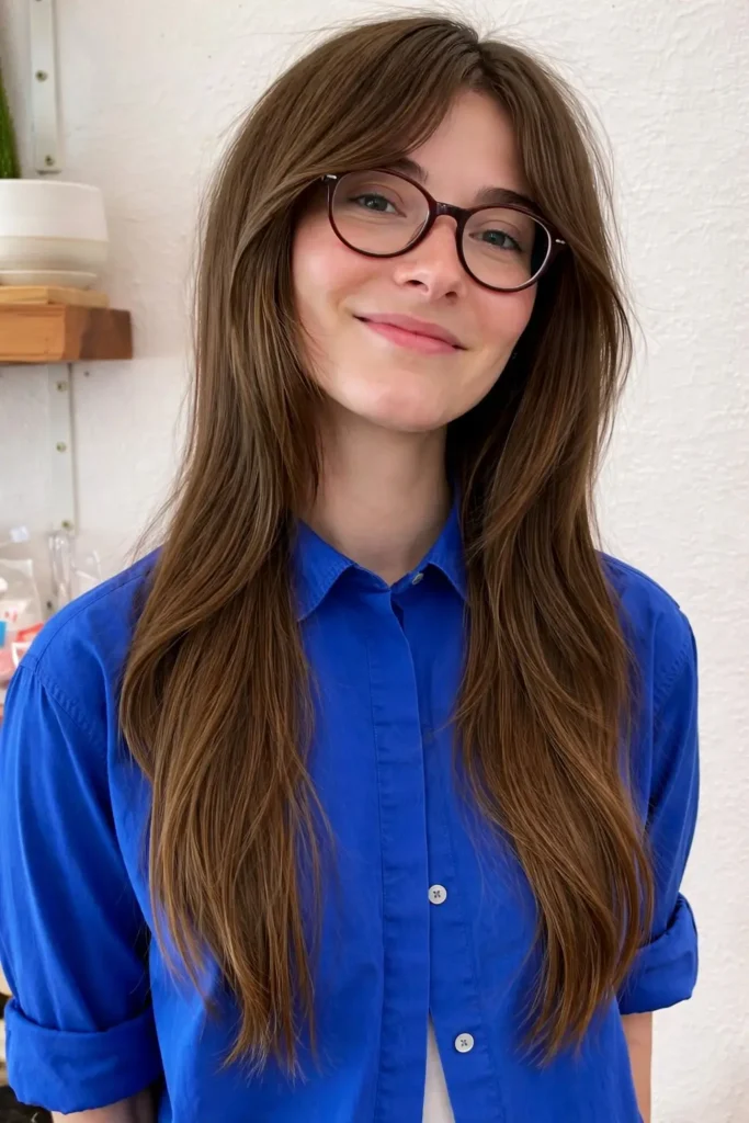 Straight hairstyle with side fringe for round face sleek finish