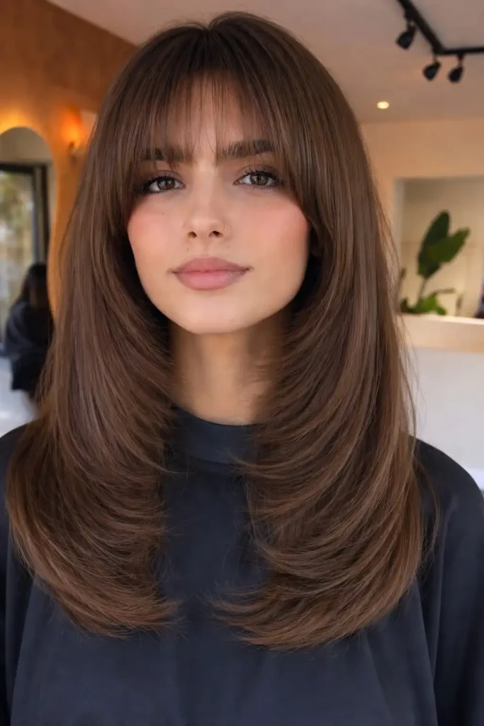 Straight layered hair with fine fringe sleek style