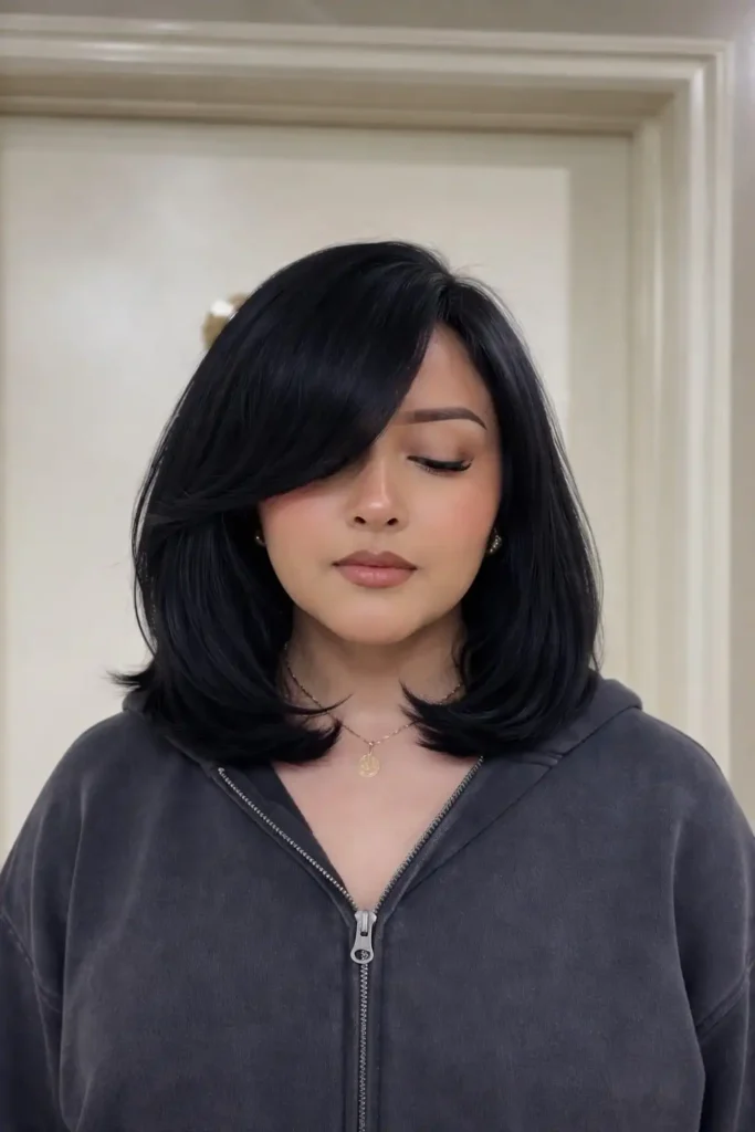 Straight shoulder length layered hairstyle with side bangs sleek finish