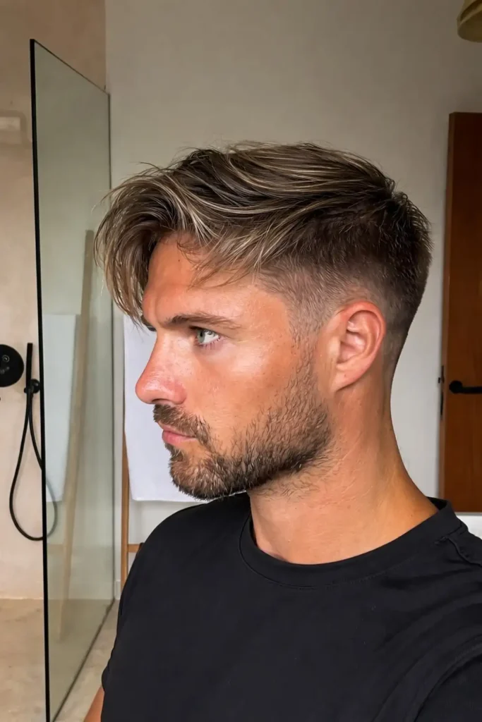 Taper fade haircut with long bangs for stylish men