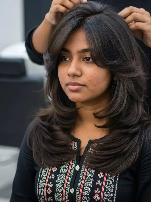 Textured layered haircut with feathered bangs modern style