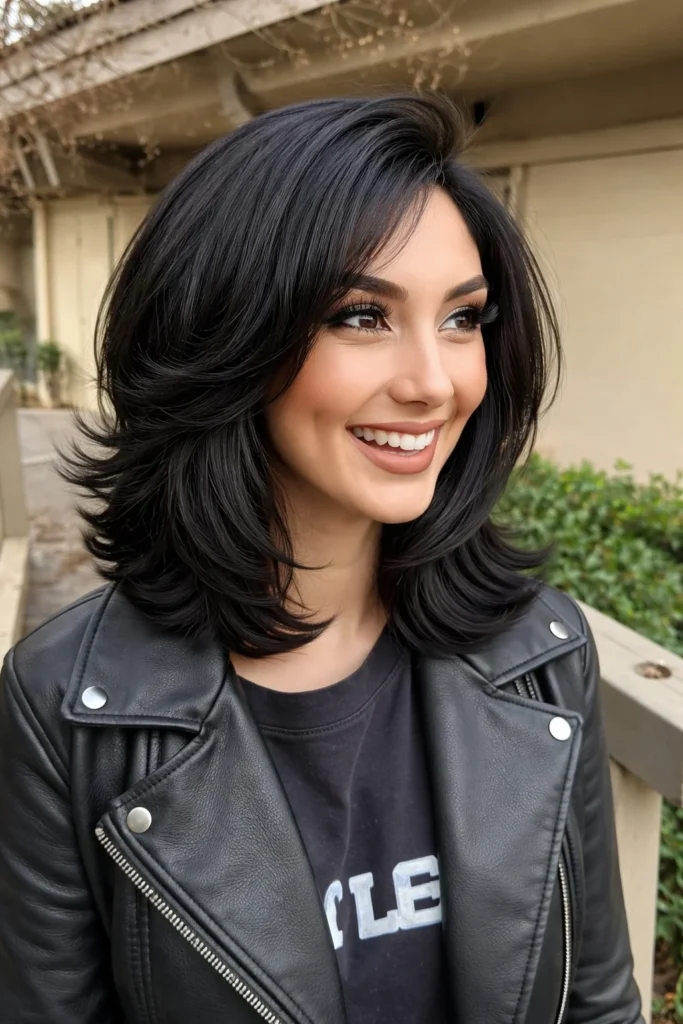 Shoulder length layered hairstyle with side fringe for thick hair control