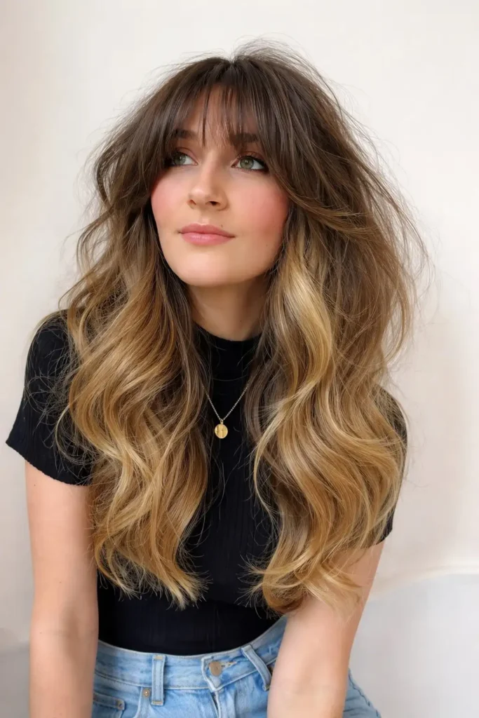 Tousled layered hairstyle with fine fringe casual style