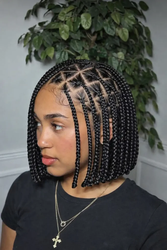 short bob braids hairstyles triangle part braided bob haircut with geometric triangle sections creating a unique braid pattern