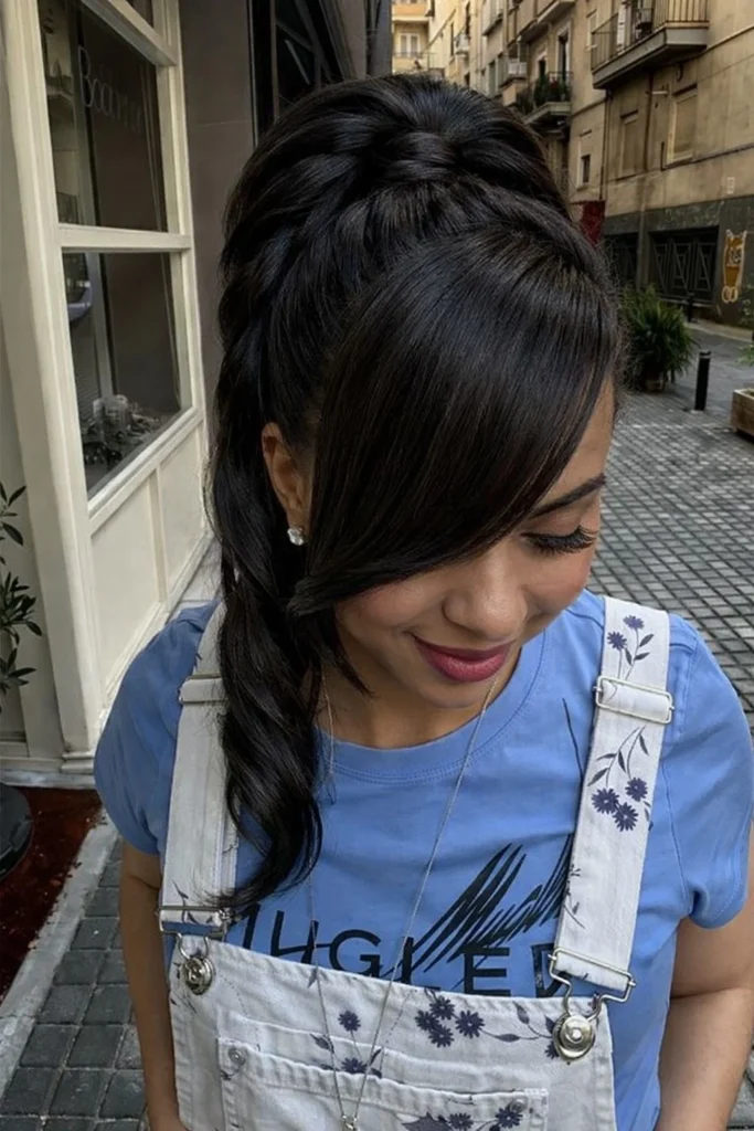 Black hairstyle twisted ponytail with side fringe elegant style