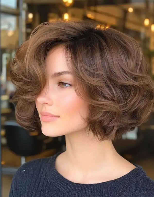 Voluminous medium bob hairstyle with side swept bangs full body layered hair look
