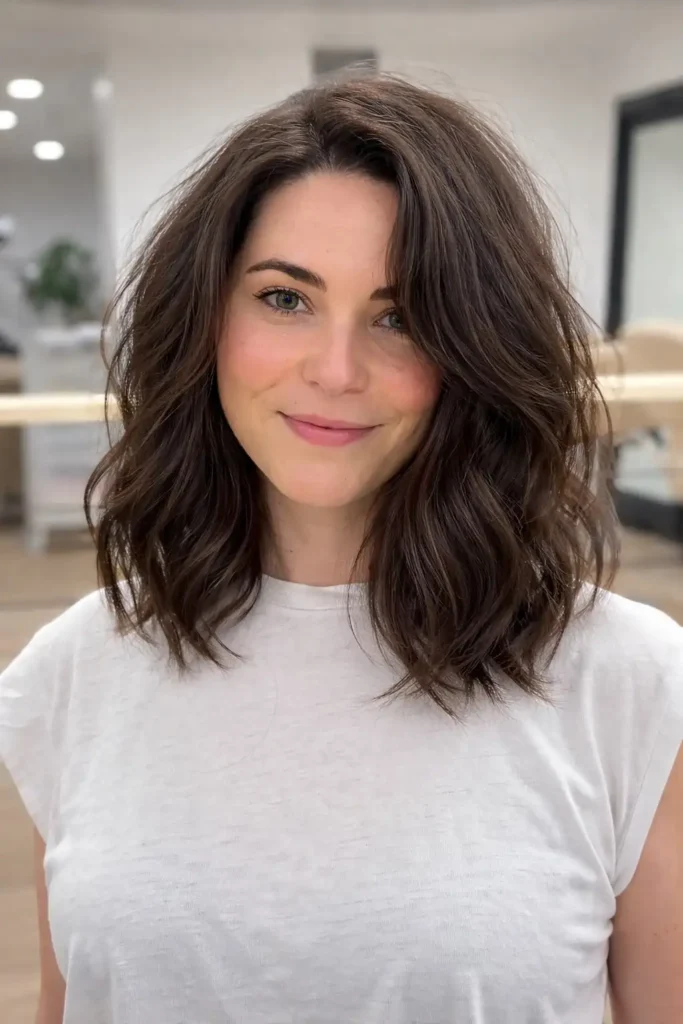 Voluminous shoulder length layered hairstyle with side bangs full hair