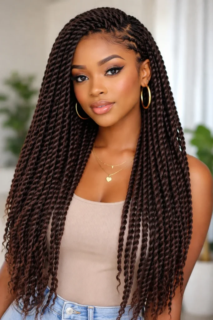 Waist-length crochet twist braids with sleek finish.
