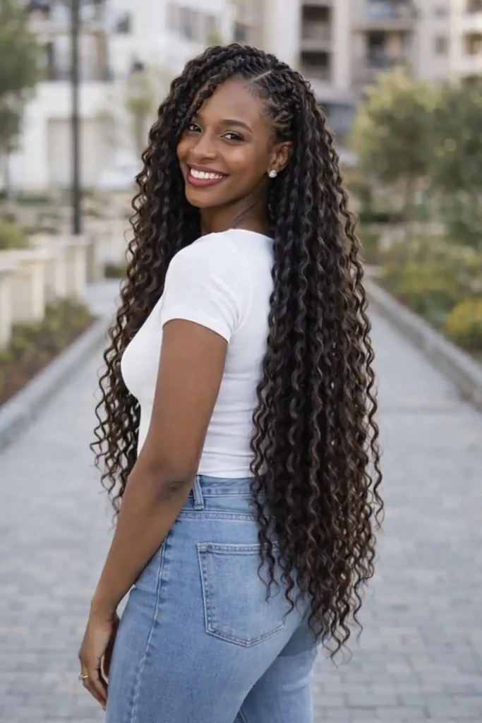 Waist-length wavy crochet braids glamorous look.