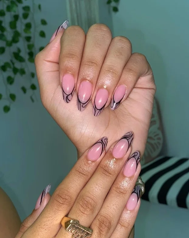 Swirl pink almond french nails design creative modern manicure