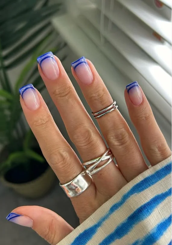 double line blue french tip square nails modern design