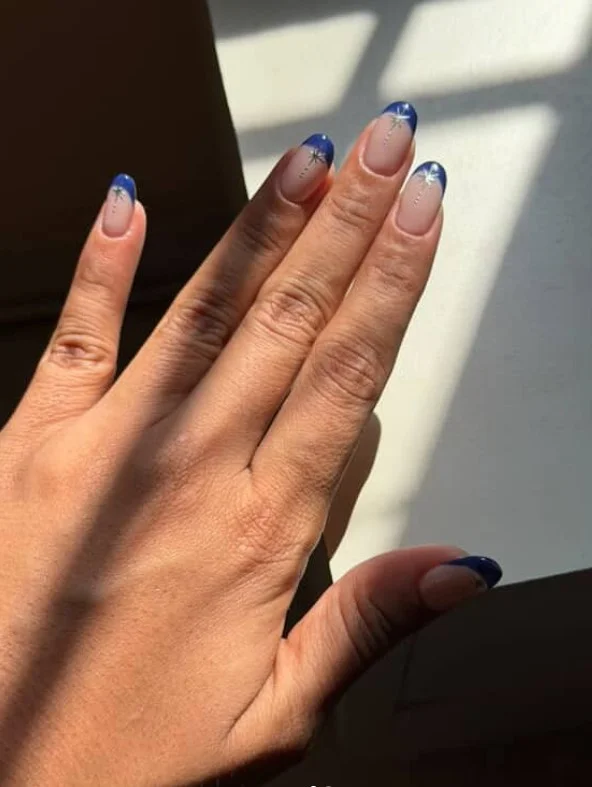 blue French tip nails with stars square nail design