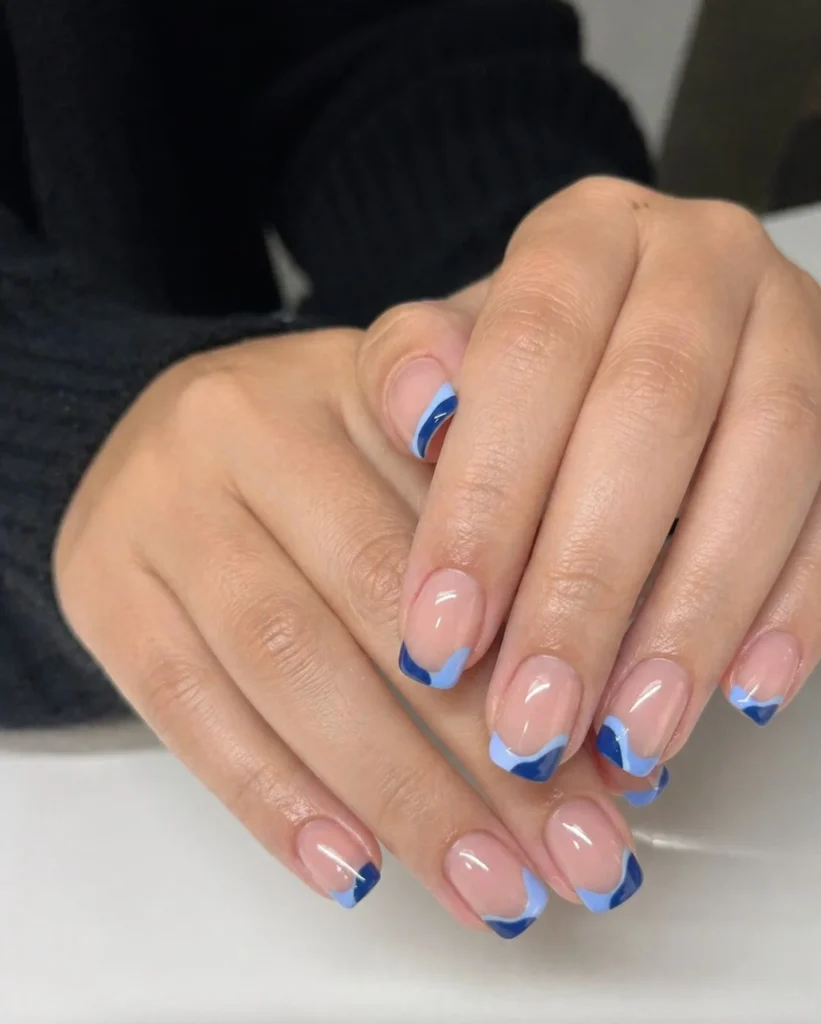 abstract blue french tip square nails creative look