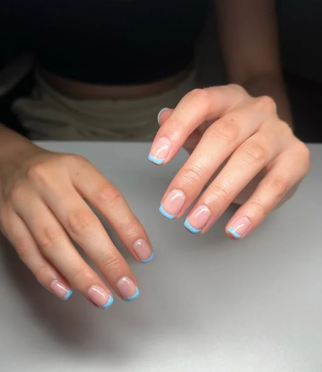 baby blue, French tip square nails cute style