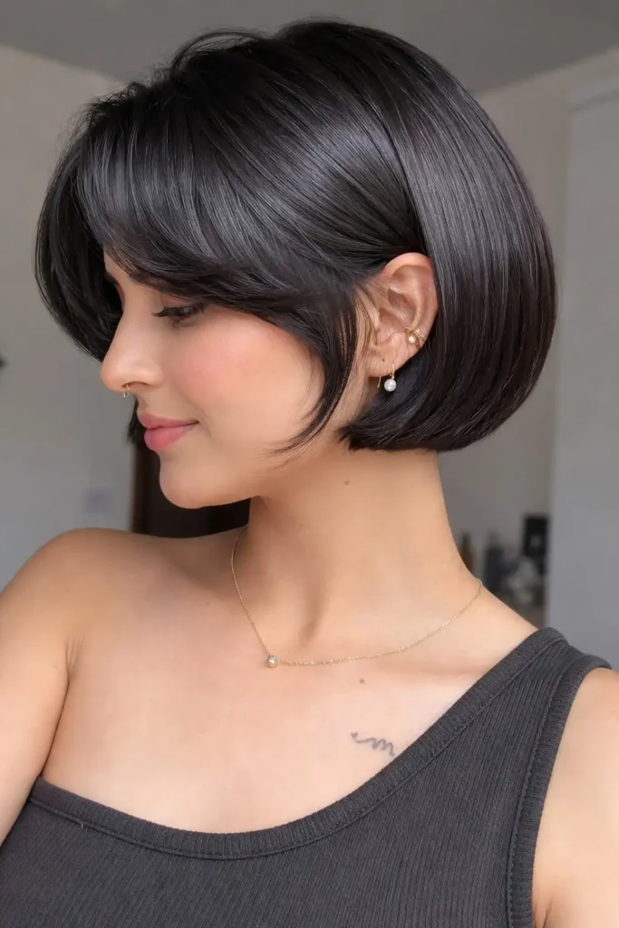 Blunt short bob with side fringe sharp modern hairstyle