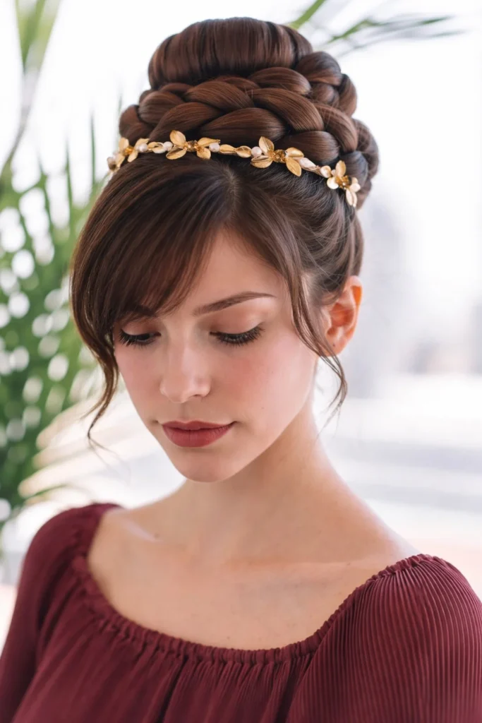 Braided bun hairstyle with side bangs detailed elegant updo