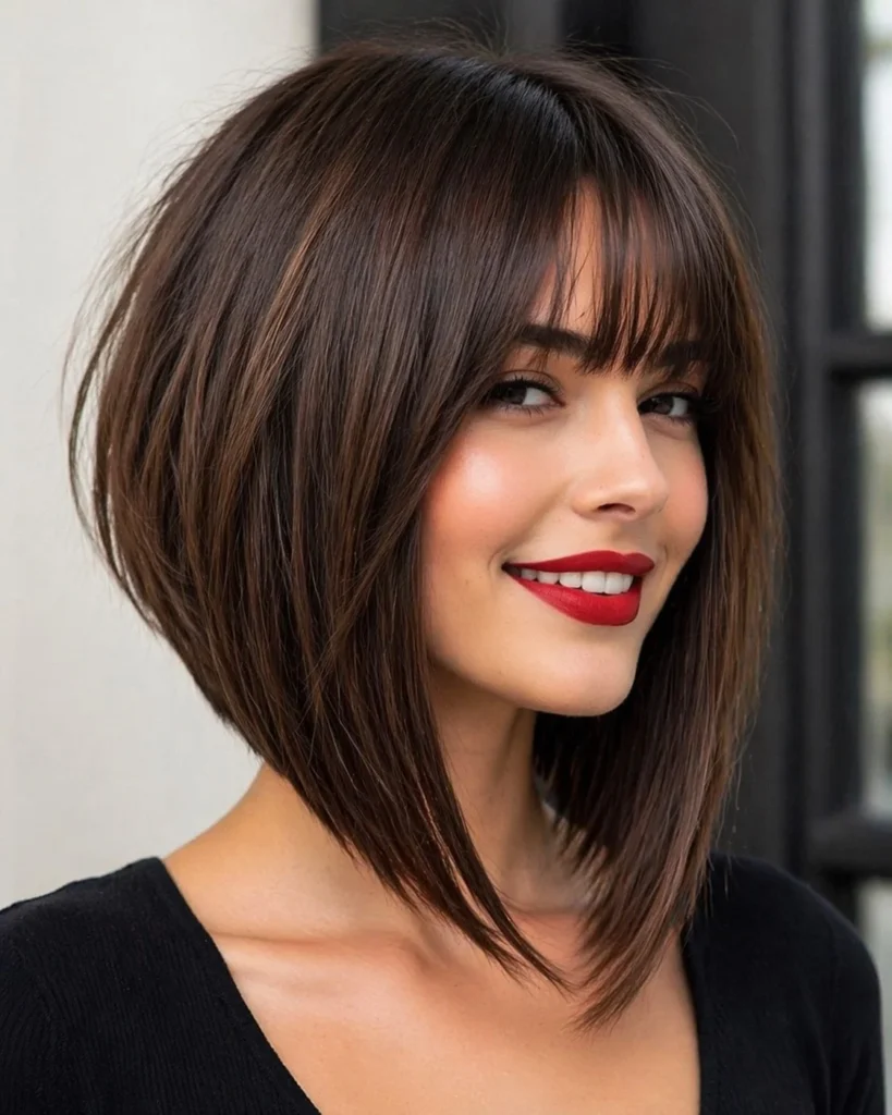 Brunette inverted bob hairstyle with bangs glossy elegant style