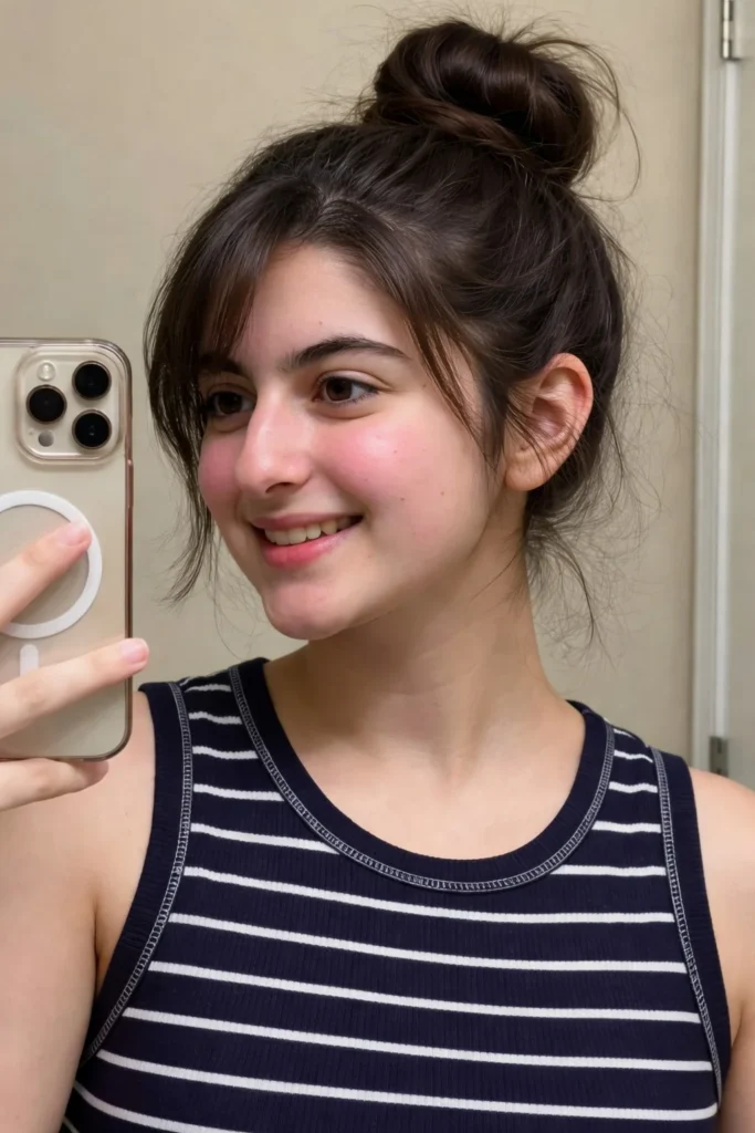 Casual bun hairstyle with side bangs easy everyday look