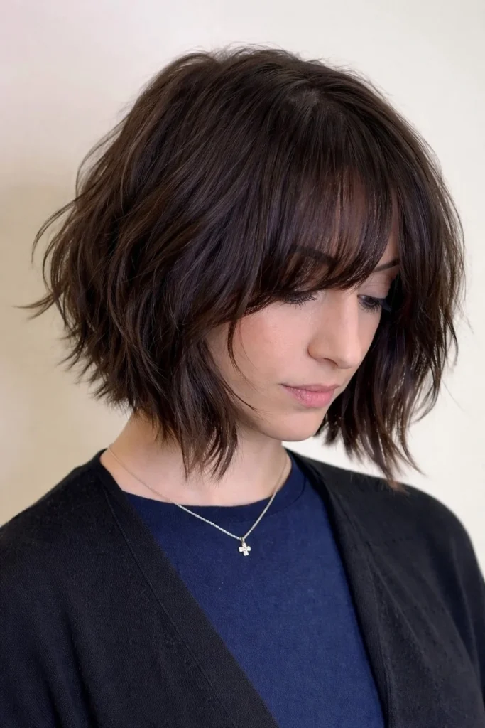 Choppy inverted bob hairstyle with bangs edgy textured finish