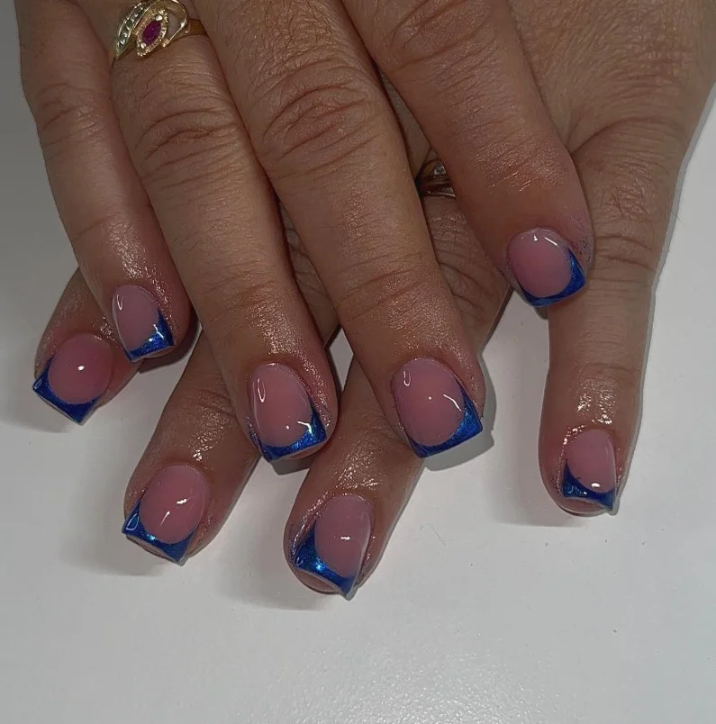 chrome blue french tip square nails shiny finish