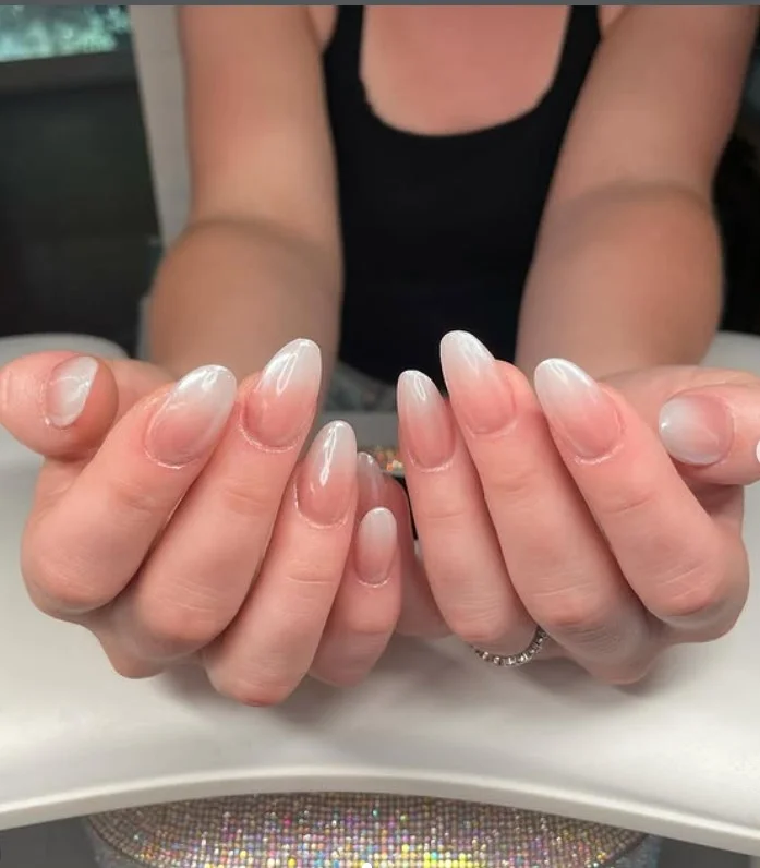 Chrome pink and white ombre nails design shiny luxury look