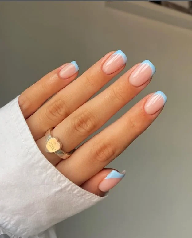 classic square blue french tip nails design glossy finish